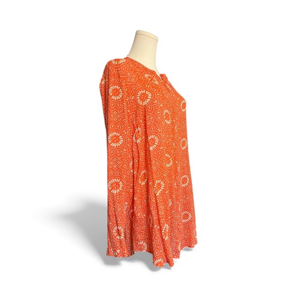 🧡 EUC LUCKY BRAND Orange Batik Dot Button-Down Blouse | Sz L - Picture 2 of 8
